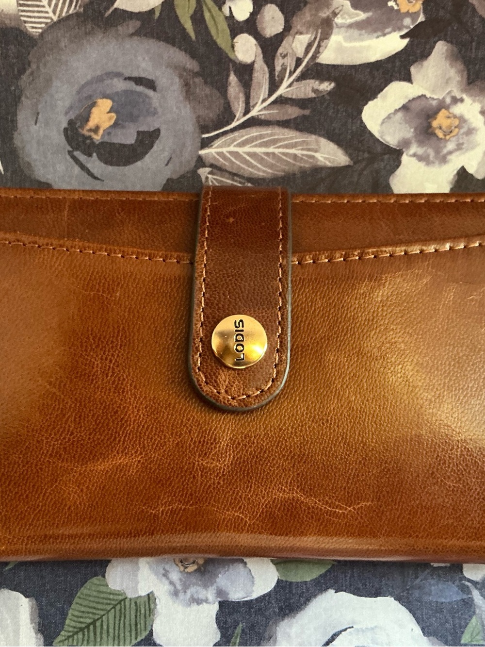 Lodis Women’s Tan Leather Snap Wallet with Branded Gold Button